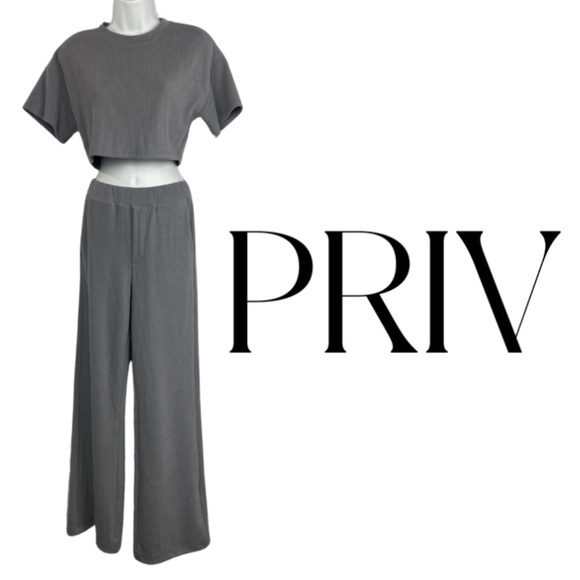 PRIV NWT Relaxed Wide Leg Pant Cropped Top Lounge Set - Grey Lavender - Size XS - Picture 1 of 16